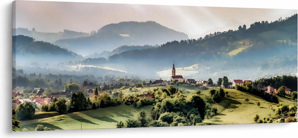Obraz - dedinka v hmle (120x50 cm)