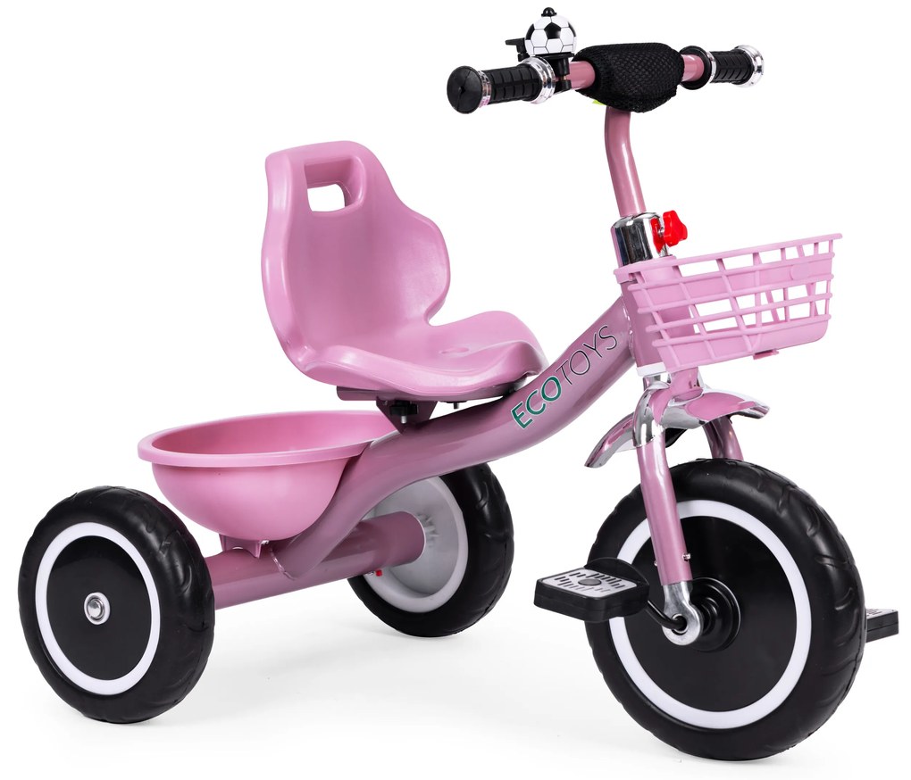 Trojkolka s košíkom a zvončekom ECOTOYS, ružová