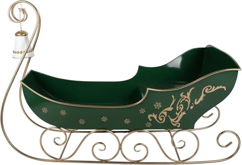 Vianočná dekorácia zelenej kovovej sane so zvončekom - 141*60*97 cm