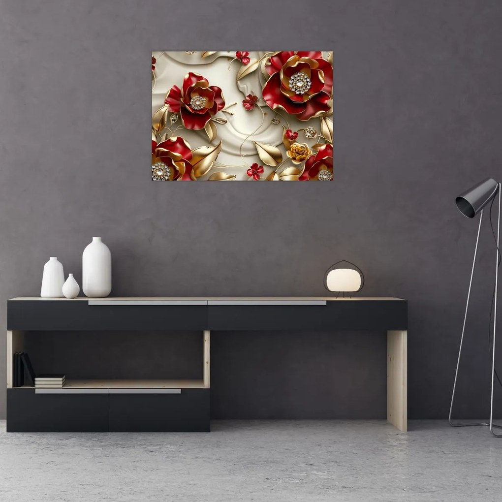 Sklenený obraz - 3D Červeno-zlaté kvety (70x50 cm)