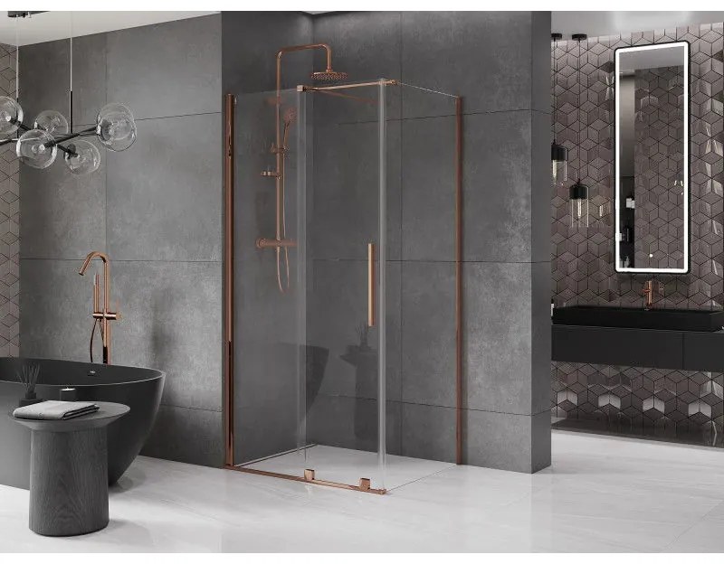 Mexen Velar, sprchový kút s posuvnými dverami 130(dvere) x 85(stena) cm, 8mm číre sklo, ružové zlato, 871-130-085-01-60