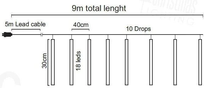 ACA Lighting LED vianočné záves Cencúle, 9m, studená biela, IP44, 180 LED