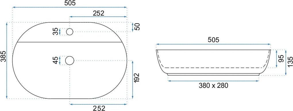 Rea Aura 51, umývadlo na dosku 505x385x135 mm, biela matná, REA-U7340