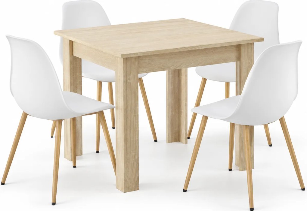Jedálenský set: Stôl NP 80×80 cm sonoma + 4 ks WAT stoličky, biele/prírodné nohy