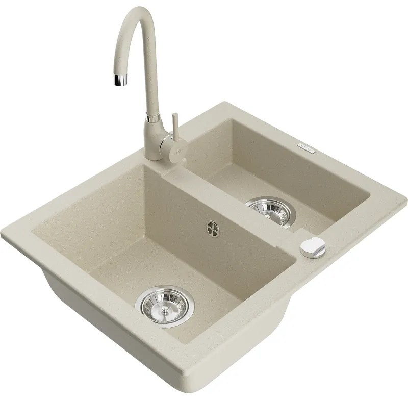 Mexen Carlos, granitový drez 582x475x177 mm, 1,5-komorový a béžová drezová batéria Telma, béžová, 6518-69-670200-69