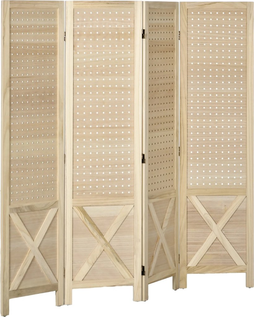 HOMCOM Sklenený Paraván 4 Panely 152x1.7x144.5 cm Skladateľný Paraván z Dreva s Otvormi na Zavesenie pre Kanceláriu, Spálňu, Obývačku Prírodná | Aosom