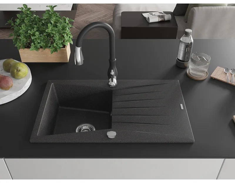 Mexen Cesar, 1-komorový granitový drez 775x470x190 mm a drezová batéria Savita, čierna škvrtnitá, 6514-76-672601-70