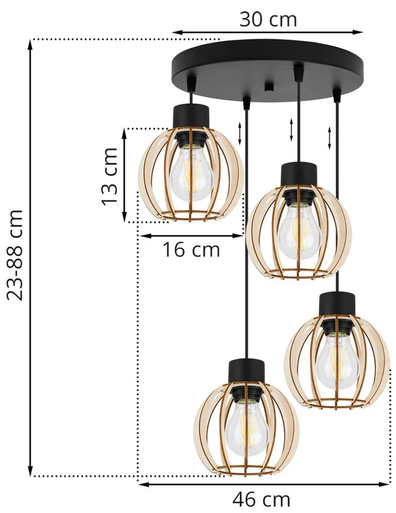 Závesné svietidlo Timber 8, 4x drevené tienidlo, o