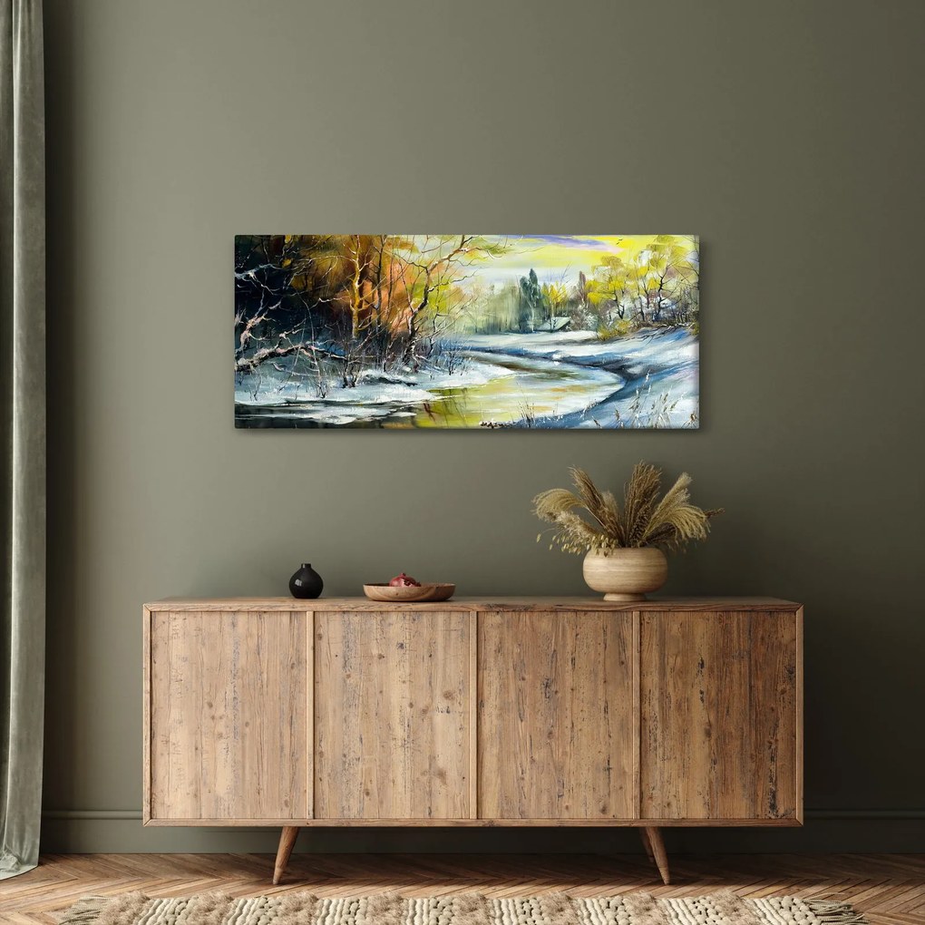 Obraz zimnej rieky, olejomaľba (120x50 cm)