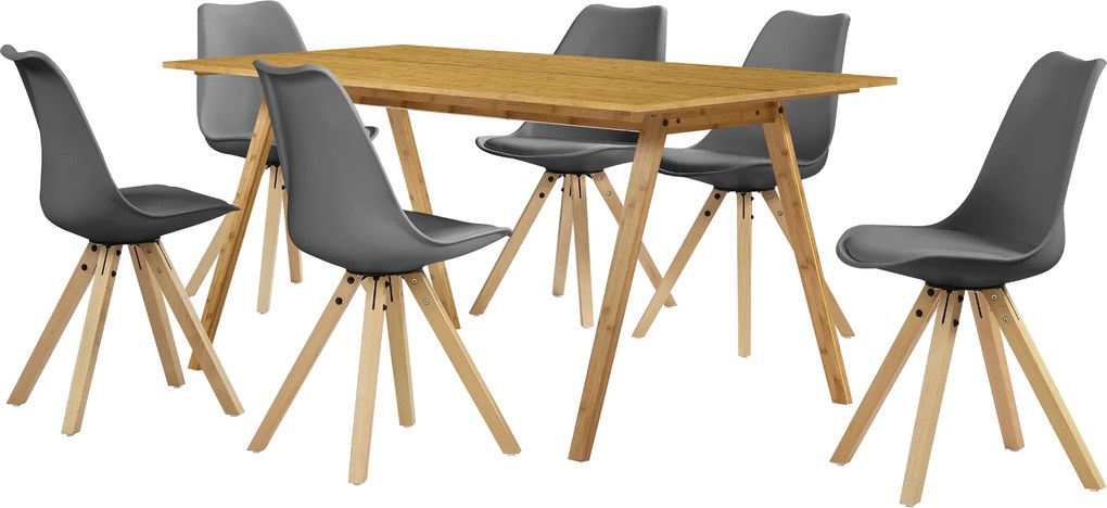 [en.casa]® Dizajnový bambusový jedálenský stôl HTNT4301 so 6 sivými stoličkami HTMS-2853