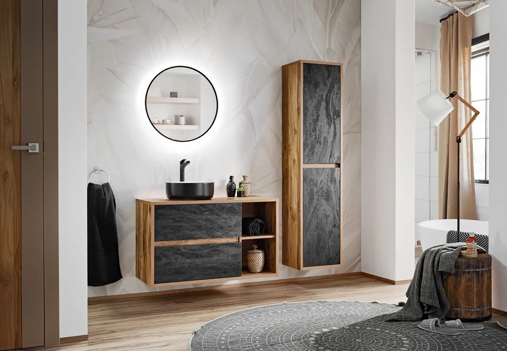 Kúpeľňová závesná skrinka vysoká Hampton Concrete 2D tmavý betón/dub hunton