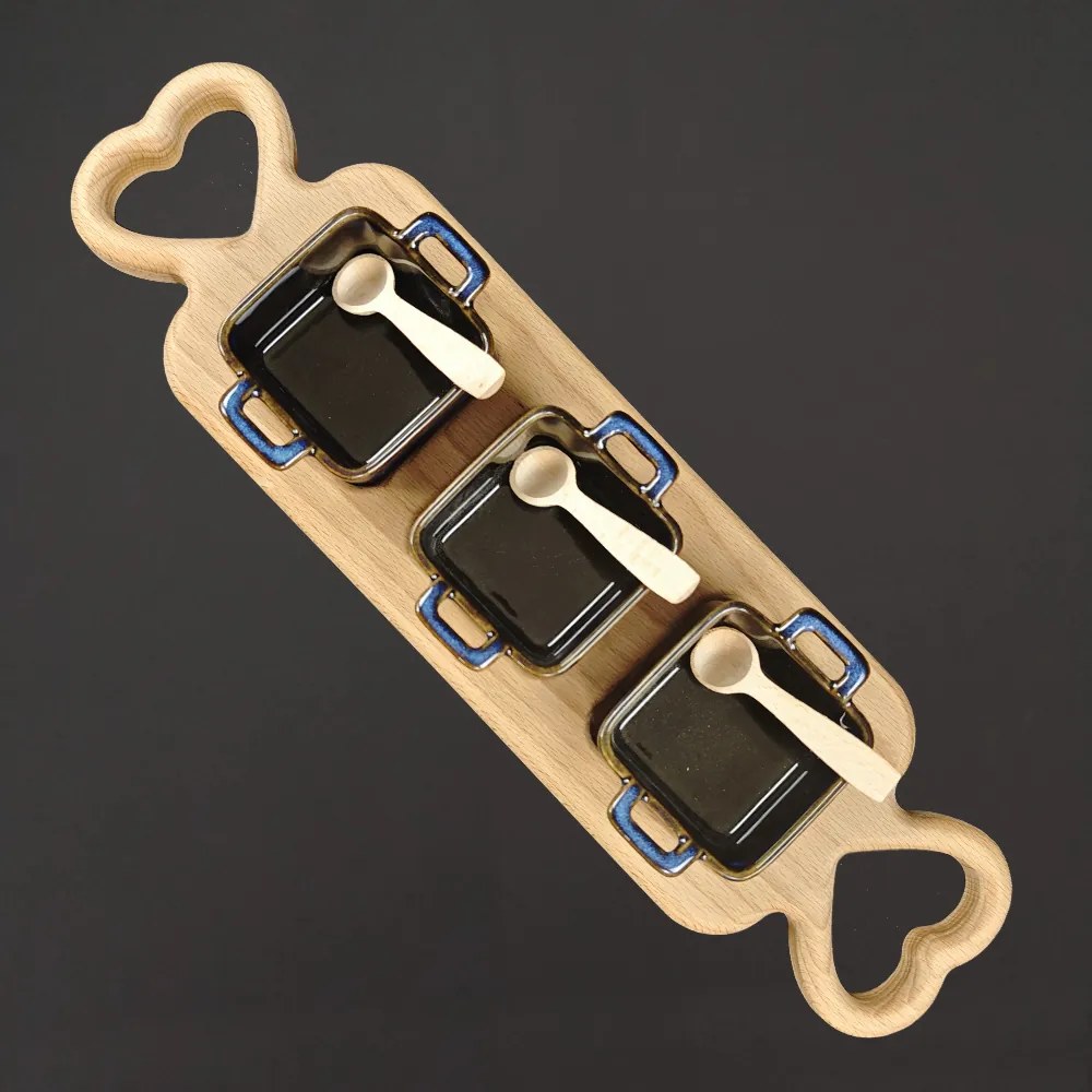 AMADEA 46240 Podnos 3 keramické misky a drevené lyžičky 43cm drevená dekorácia