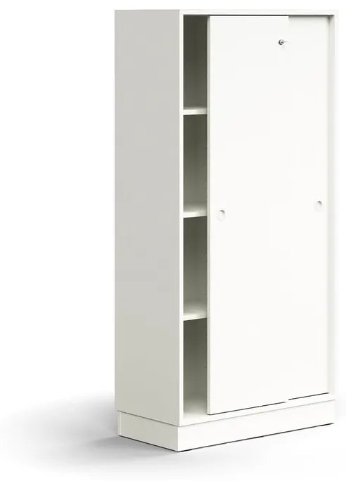 Skriňa s posuvnými dverami QBUS, 3 police, so soklom, s madlom, 1636x800x400 mm, biela