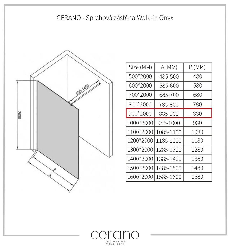 Cerano Onyx, sprchová zástena Walk-in 90x200 cm,8 mm číre sklo, čierny profil, CER-CER-DY101B-90-200