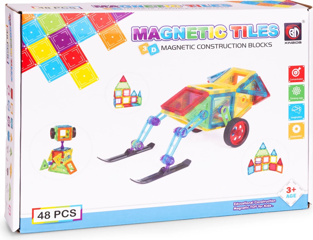 MULTISTORE Magnetické stavebné kocky 48 ks – stavebnica 2D/3D s kolieskami a šablónami, pre deti 3+