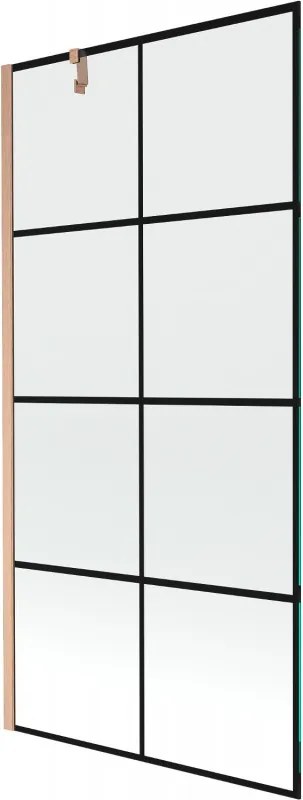 Mexen Next, 1-krídlová vaňová zástena 90 x 150 cm, 6mm číre sklo - čierny vzor, medená matná, 895-090-000-00-70-77