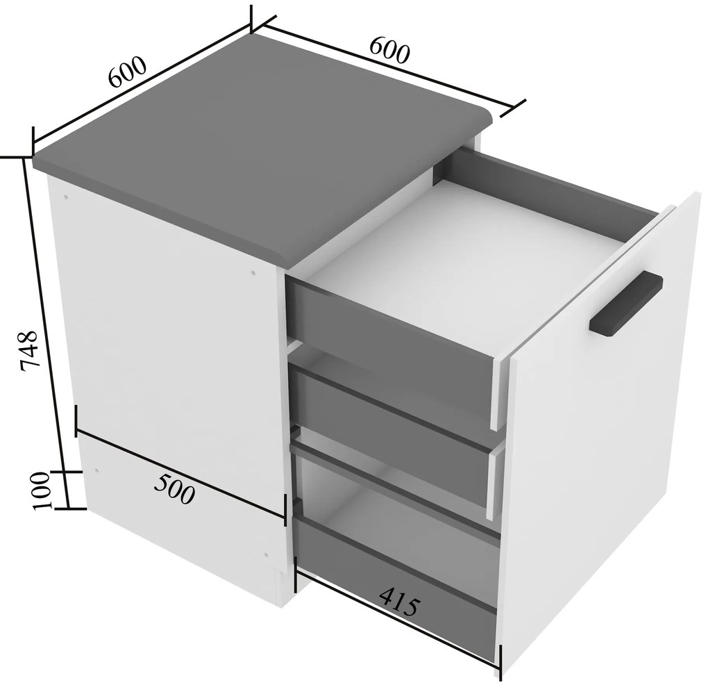 Kuchynská skrinka spodná 60 cm šuflíky vnútorné TOR SDSZW60/0/WT/WT/B/B1/PP