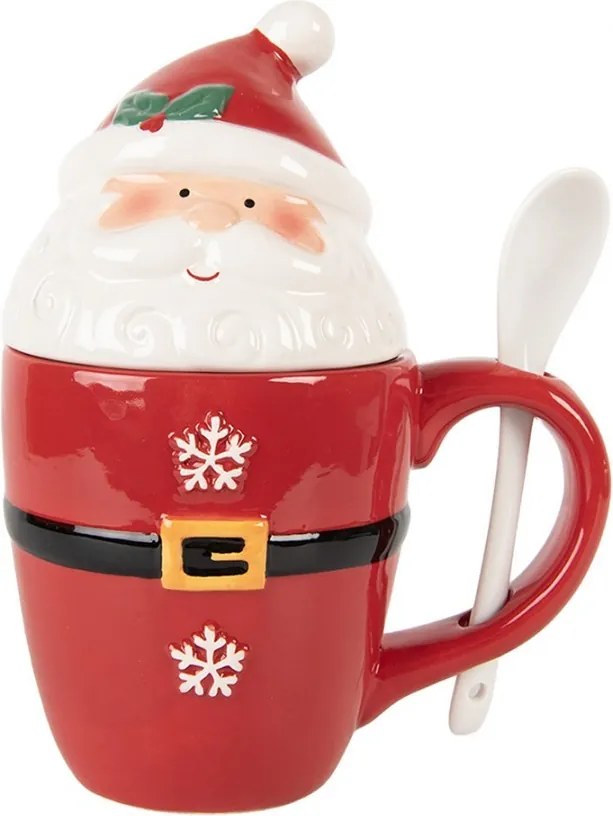 Bielo-červený hrnček Santa Claus s vekom a lyžičkou - 13*9*17 cm / 300 ml