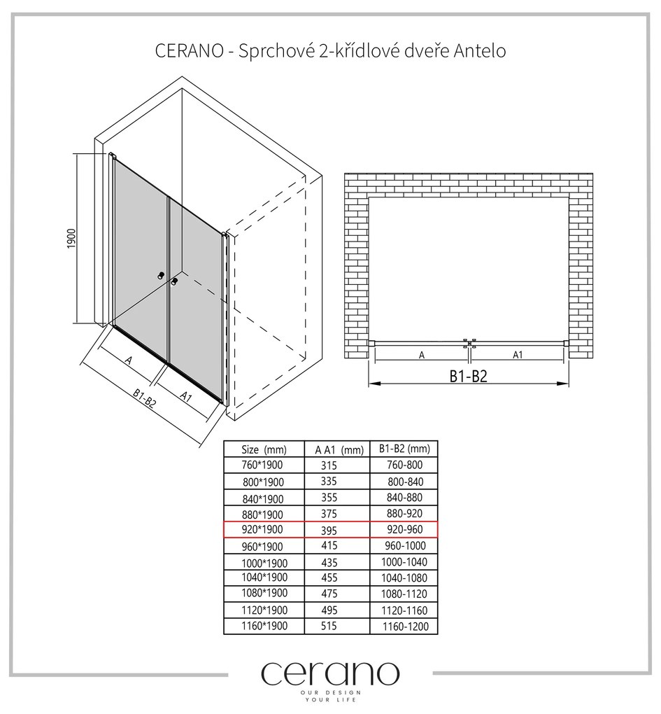 Cerano Antelo, 2-krídlové sprchové dvere 92x190 cm, 6mm číre sklo, čierny profil, CER-CER-432352