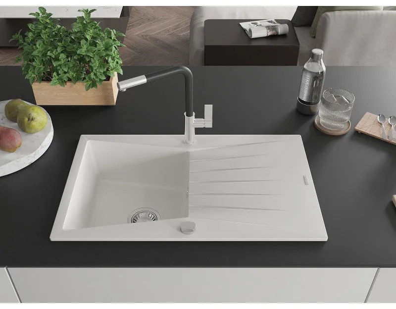 Mexen Cesar, 1-komorový granitový drez 775x470x190 mm a drezová batéria Flora, biela, 6514-20-670401-07