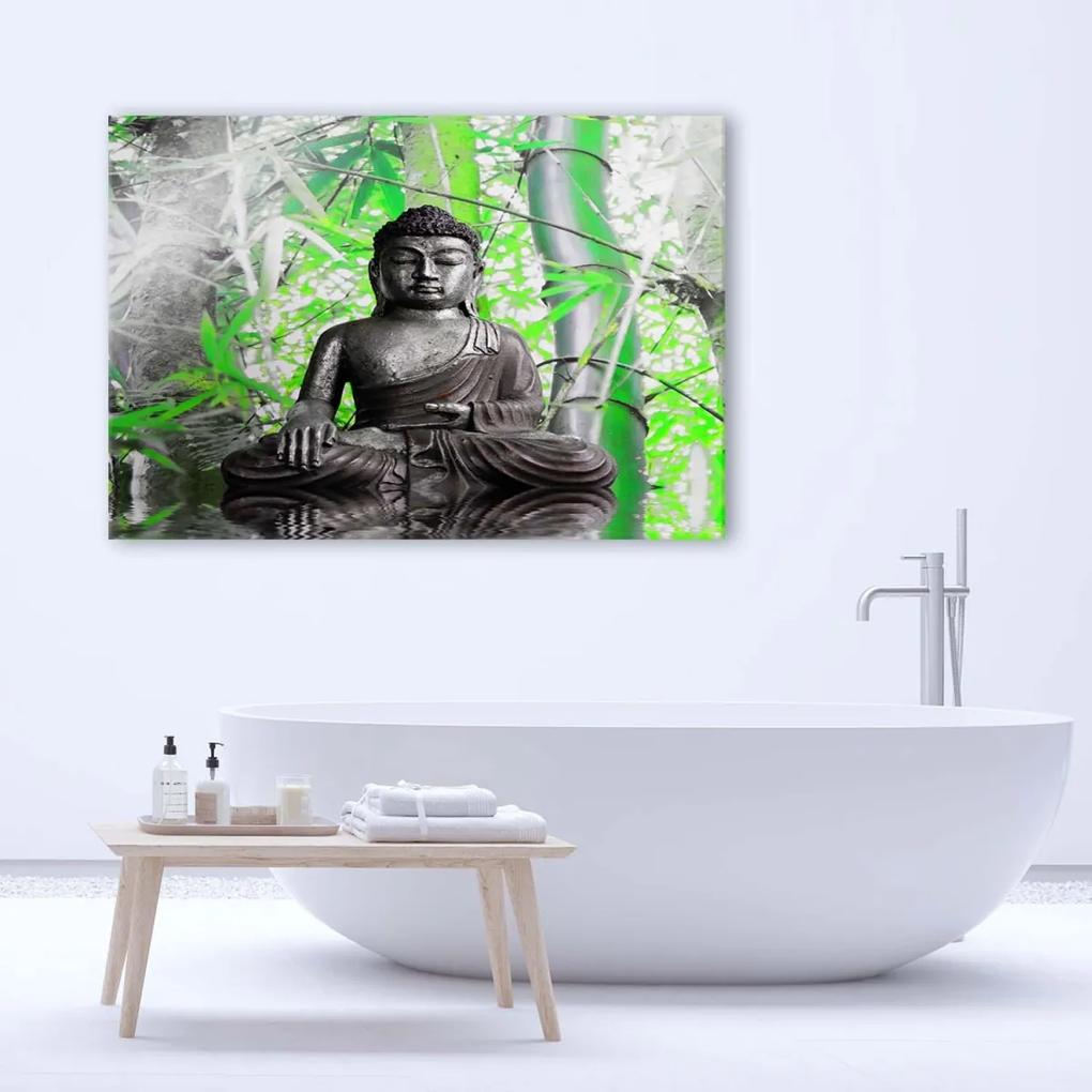 Obraz na plátně Buddha se zelenými listy - 100x70 cm