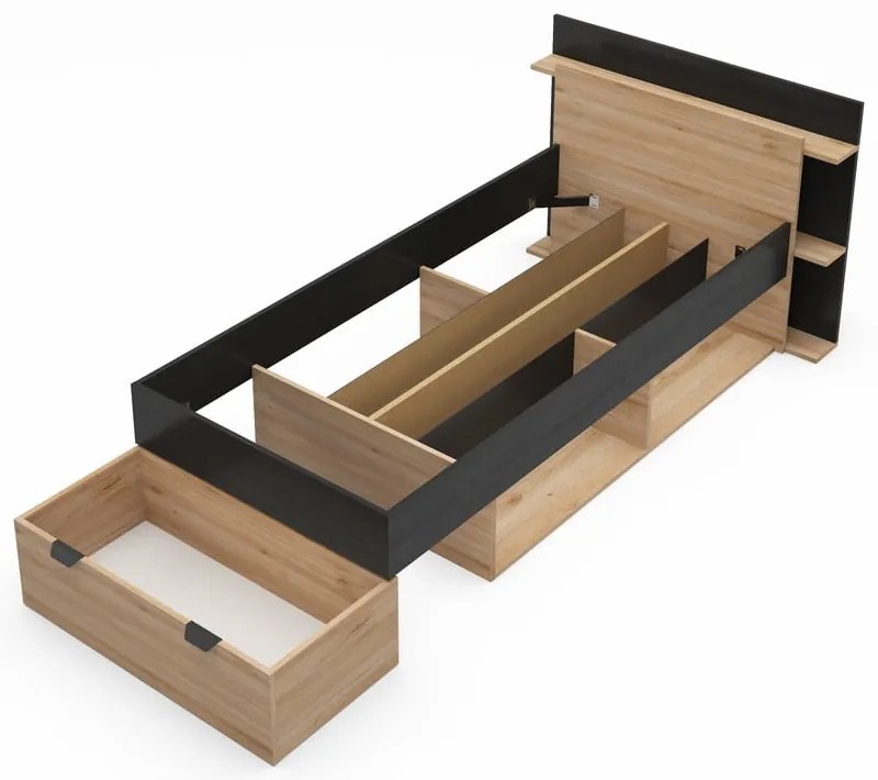 Jednolôžková posteľ v dekore duba s úložným priestorom bez roštu v čierno-prírodnej farbe 90x200 cm Albo – Marckeric