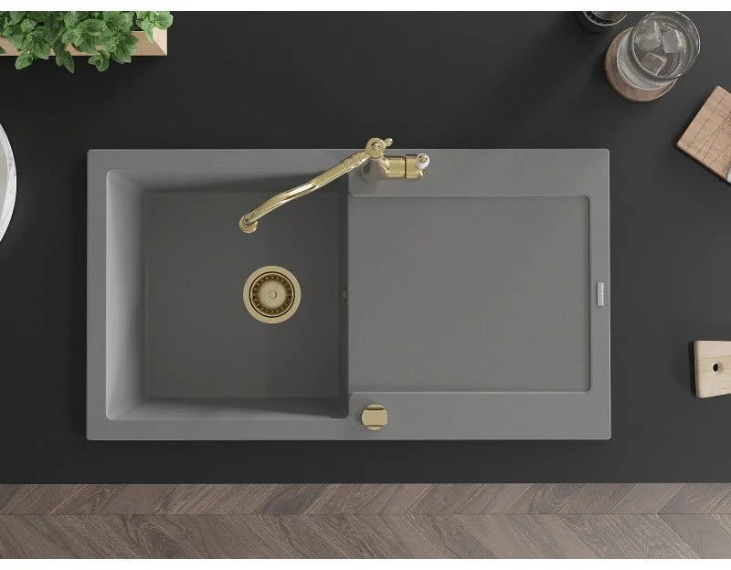 Mexen Leo, granitový drez 900x500x190 mm, 1-komorový a drezová batéria Carla, šedá, 6501-71-670700-50
