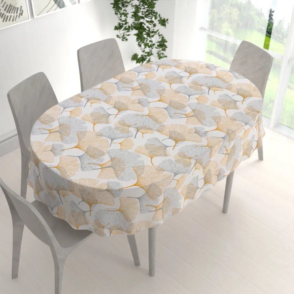 Biante Bavlnený oválny obrus Sandra SA-745 Sivo-horčicové ginkgo listy na bielom 140x180 cm