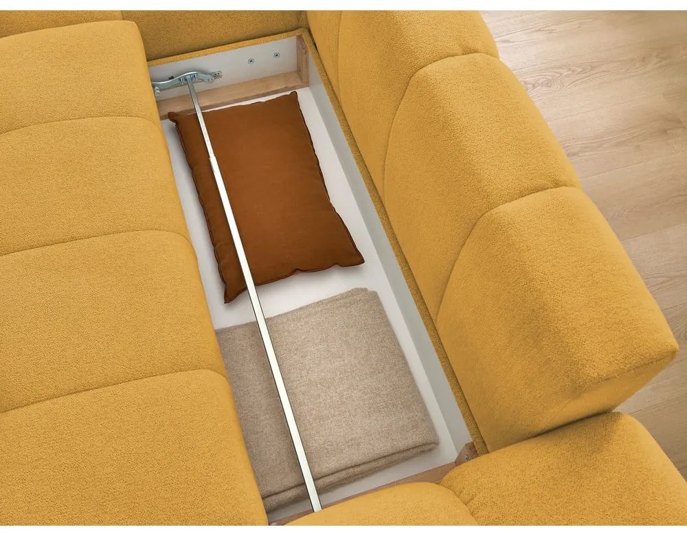 Ženilková rozkladacia/s úložným priestorom rohová pohovka v horčicovej farbe (ľavý roh/s leňoškou) Everest – Bobochic Paris