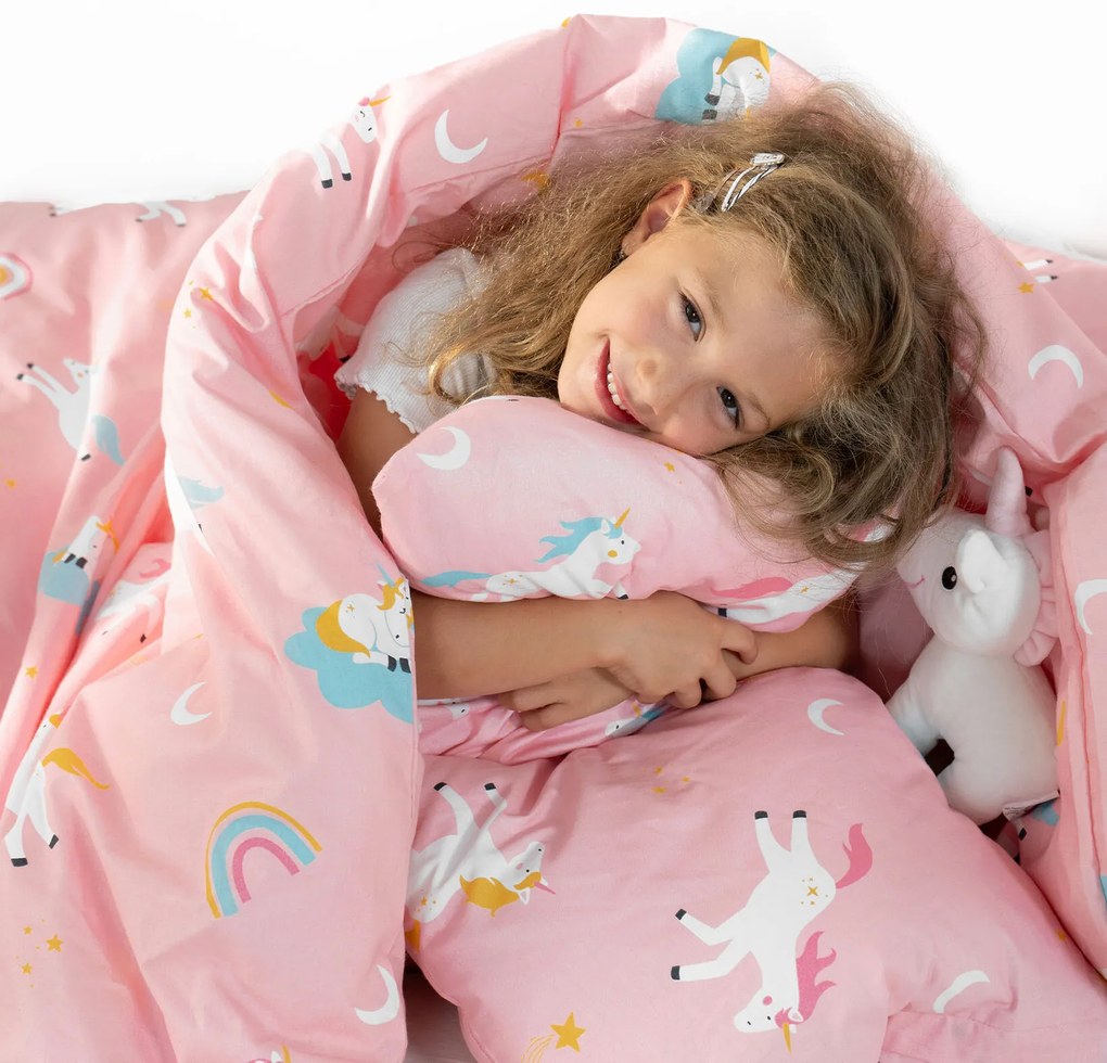 Goldea detské bavlnené obliečky - veselí jednorožci 150 x 200 a 50 x 60 cm