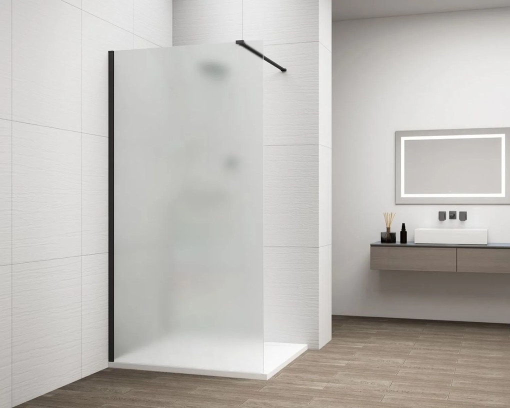 Erga Paris, sprchová zástena Walk-In 100x200 cm, 8mm sklo námraza, čierny profil, ERG-V02-PARIS-100x200-FR-BK