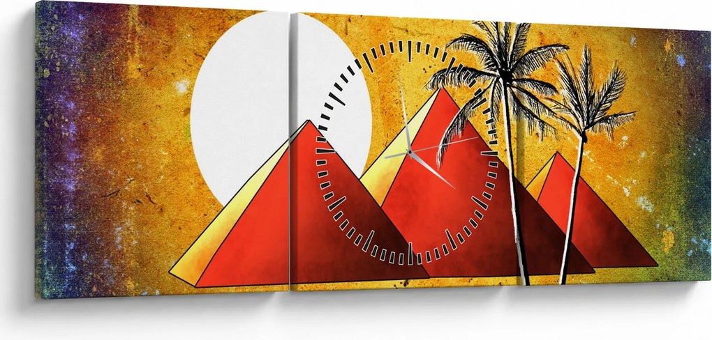 Obraz maľovaných egyptských pyramíd (s hodinami) (90x30 cm)