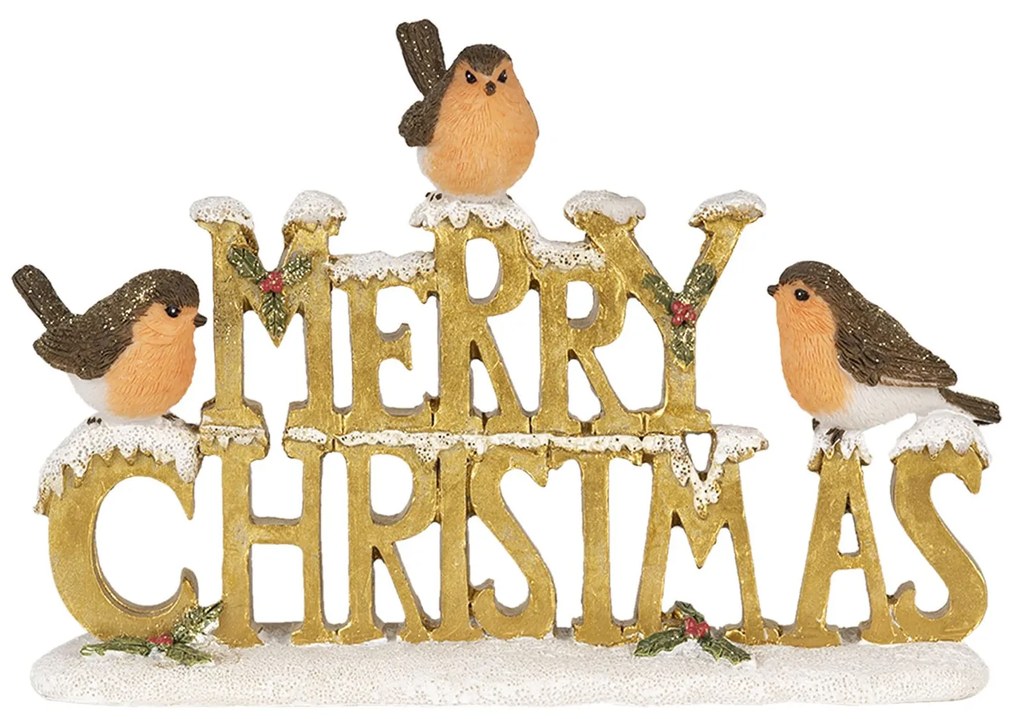 Zlatý dekoratívne nápis Merry Christmas s vtáčikmi - 21 * 4 * 13 cm