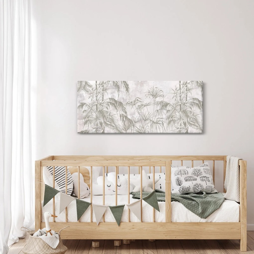 Obraz - Tropické rastliny na stene v šedej (120x50 cm)