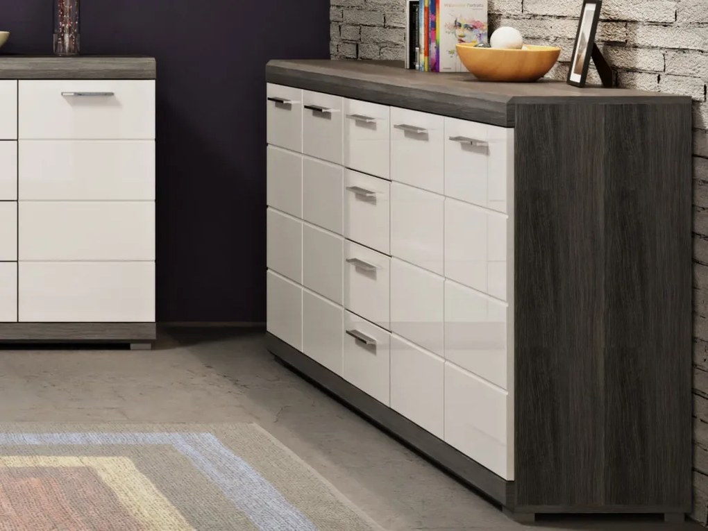 Široká komoda Scout, 165 cm, sivý dub/biely lesk