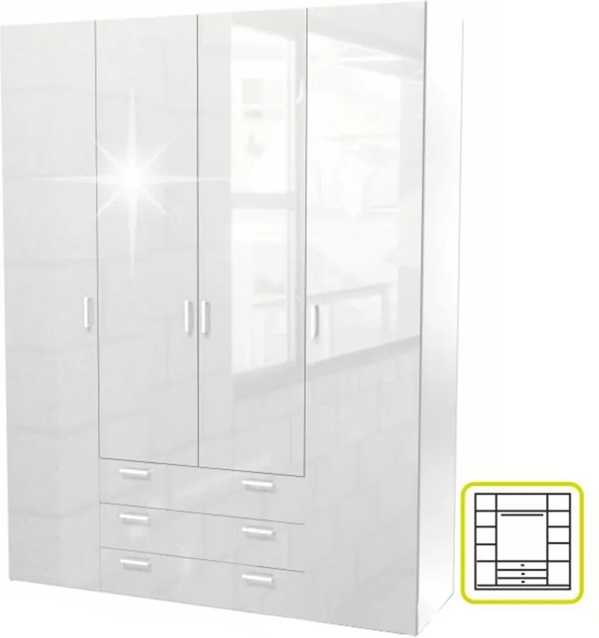 Skriňa, 4 - dverová, biela extra vysoký lesk HG, GWEN 70429