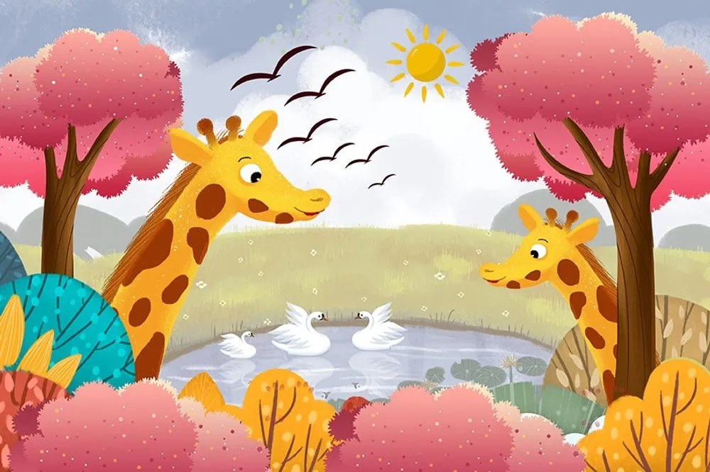 Samolepiaca tapeta žirafy pri jazierku - 225x150
