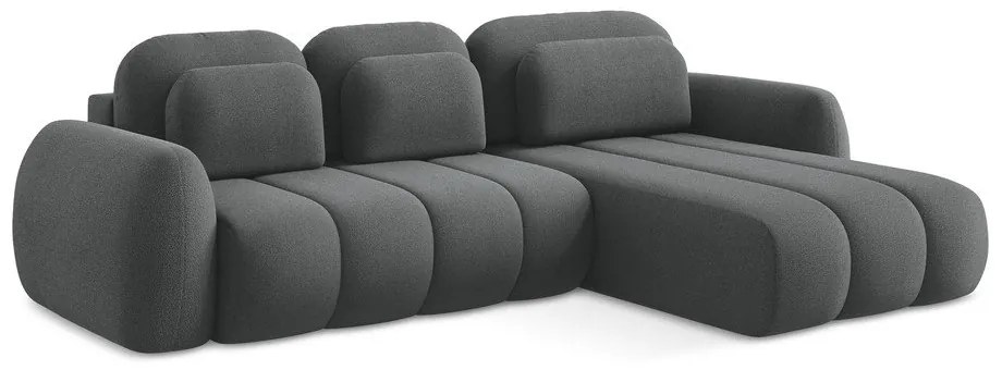 Tmavosivá rozkladacia/s úložným priestorom rohová pohovka z textílie buklé (pravý roh/s leňoškou) Pele – Makamii