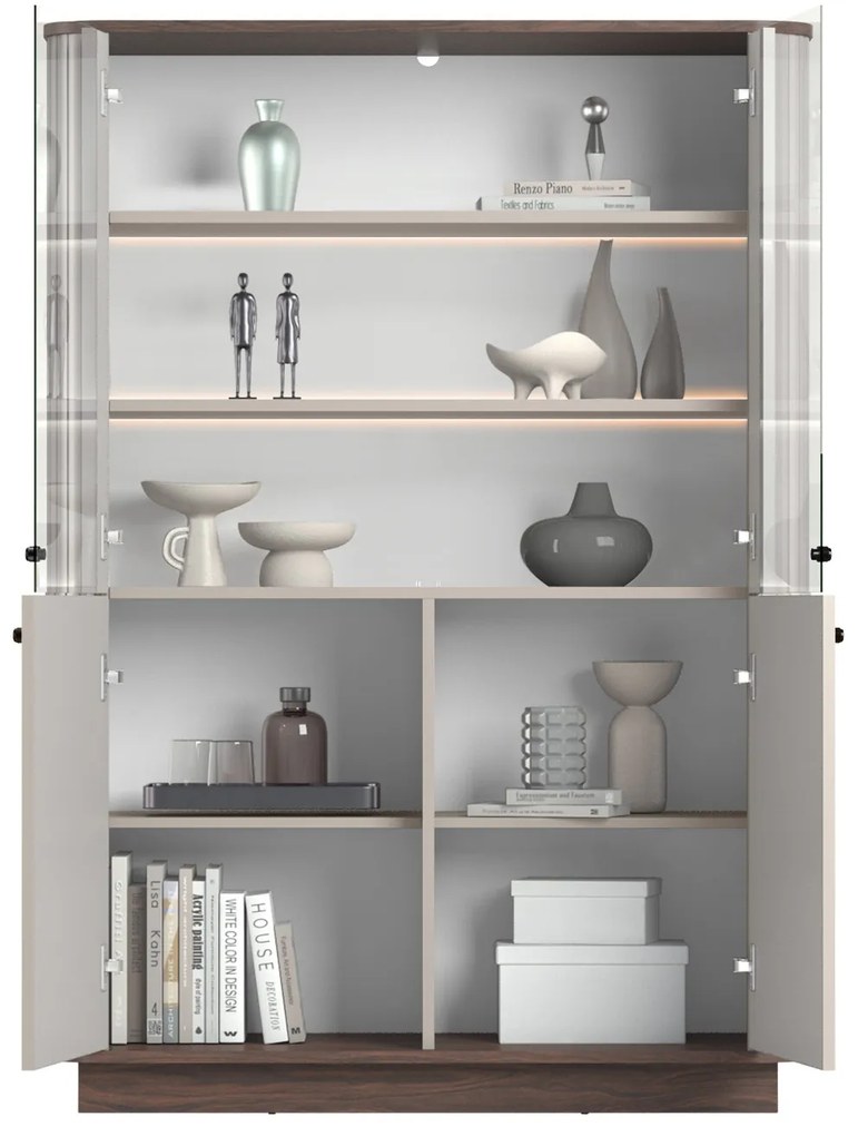 Vitrína Vesper 103 cm štvordverová na sokli - kašmír / orech / čierne úchyty