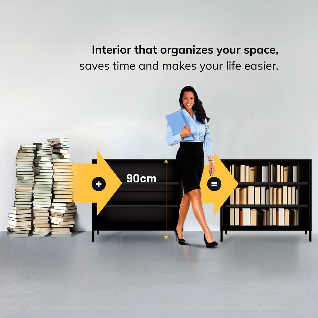 Čierny kovový regál s policami LUCA Modern 1000 x 900 x 350 mm