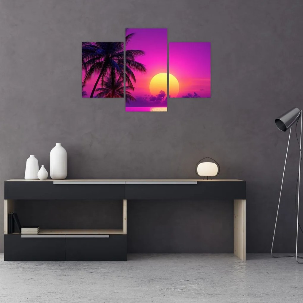 Obraz - Fialový západ s palmou (90x60 cm)