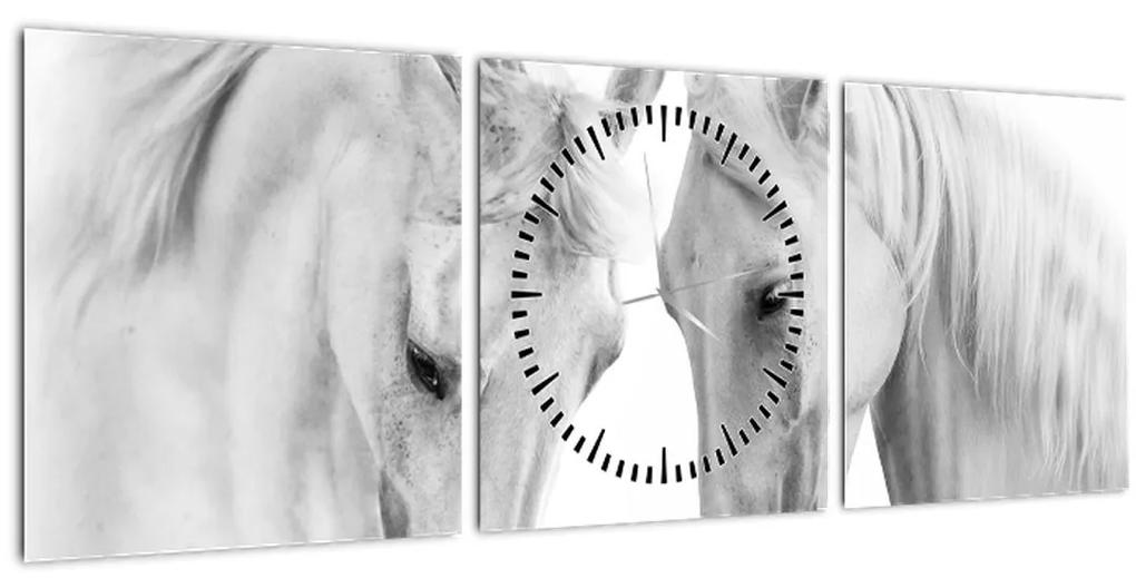 Obraz bielych koní (s hodinami) (90x30 cm)