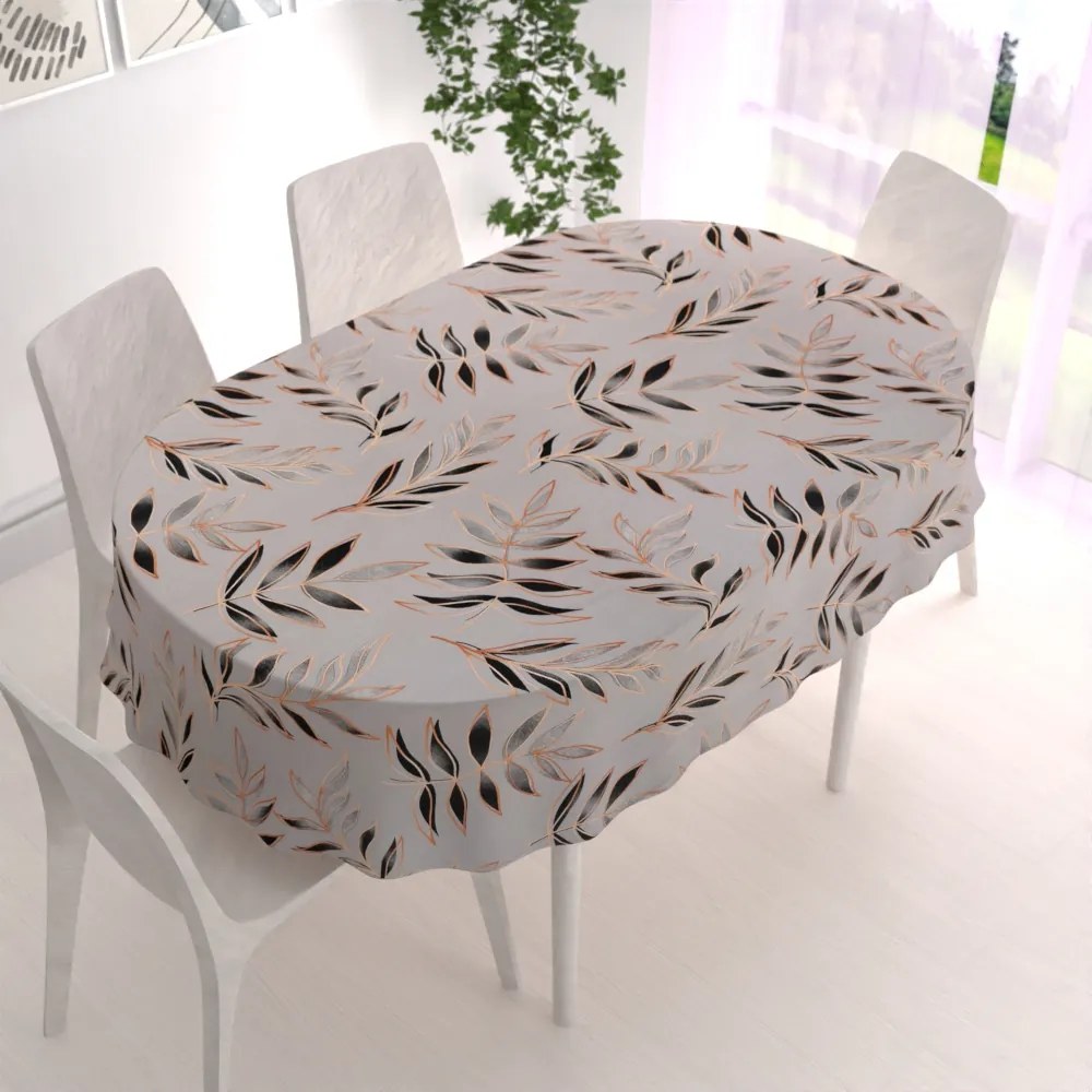 Biante Bavlnený oválny obrus Sandra SA-437 Popínavé listy na sivom 140x220 cm