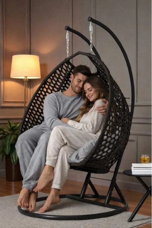 Závesné hojdacie dvojkreslo ARUBA čierne - sivé vankúše