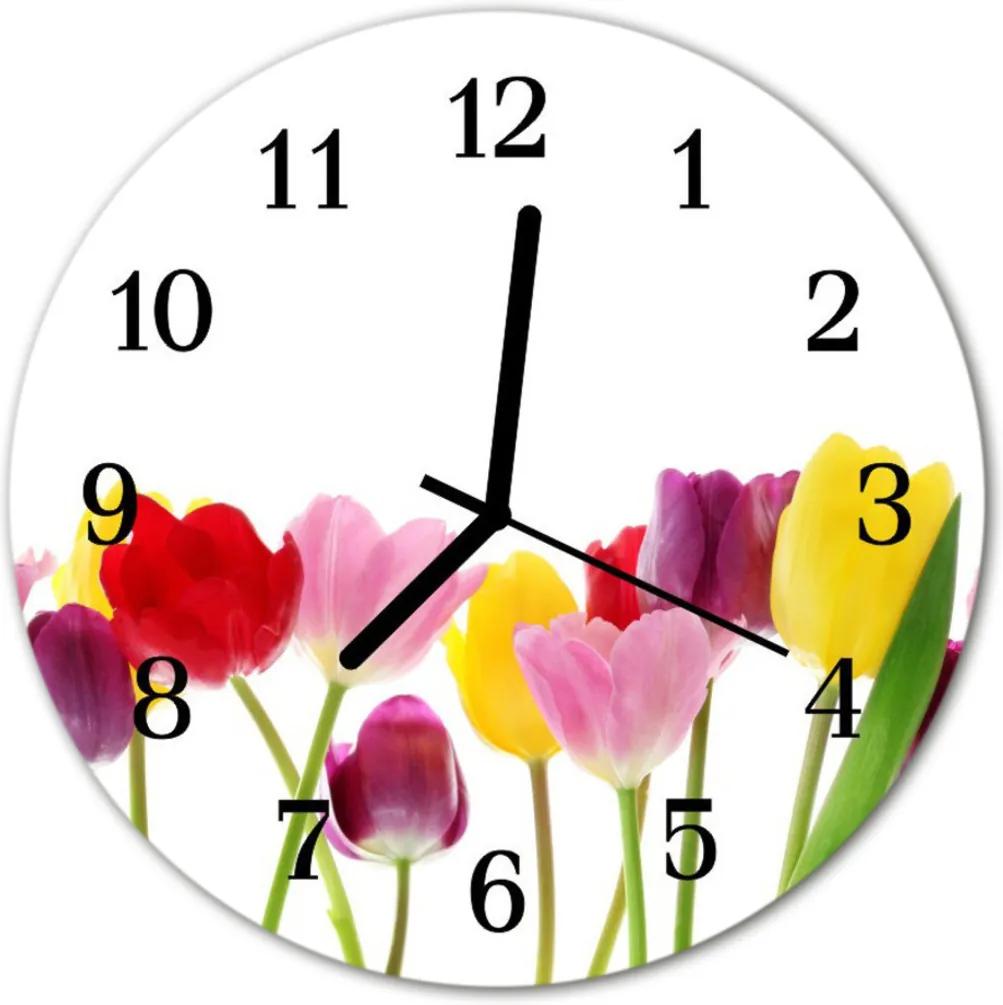 Sklenené hodiny okrúhle  farebné tulipány
