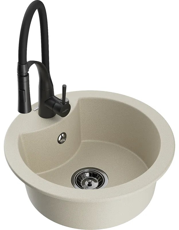 Mexen Diego, 1-komorový granitový drez 488x488x167 mm a drezová batéria Aster, béžová, 6512-69-73450-70-B