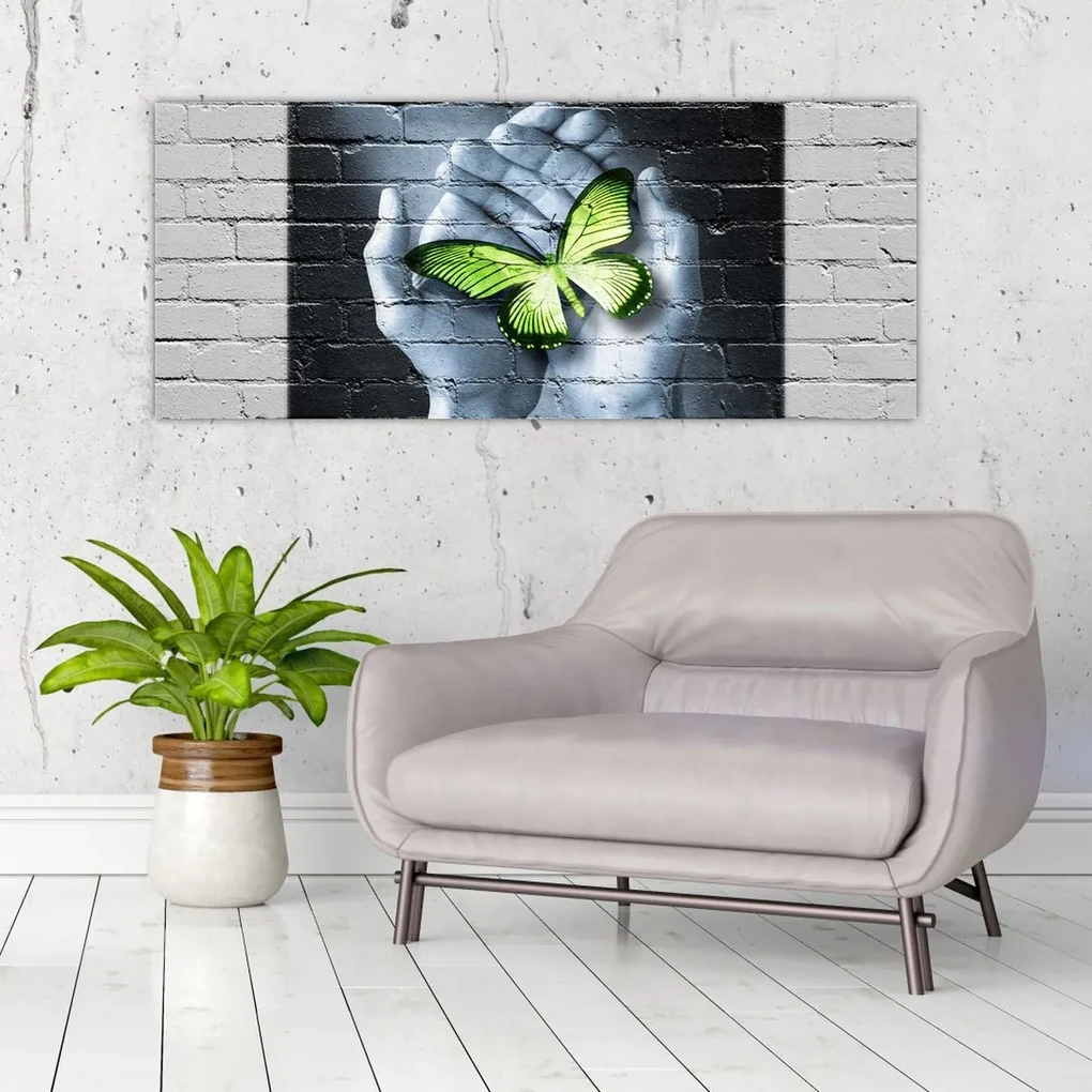 Obraz - Zelený motýľ v stene (120x50 cm)