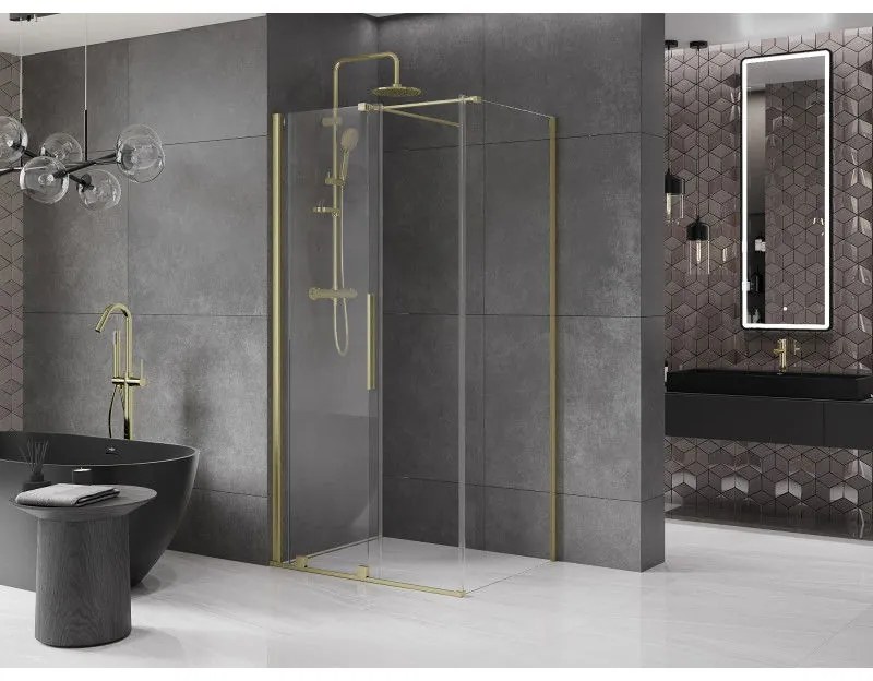 Mexen Velar, sprchový kút s posuvnými dverami 130(dvere) x 85(stena) cm, 8mm číre sklo, zlatá matná, 871-130-085-01-55