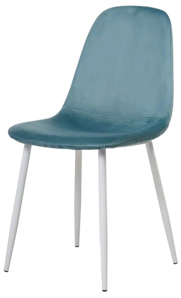 Jedálenská stolička, poťah modrá zamatová látka, kovové nohy, biely matný lak