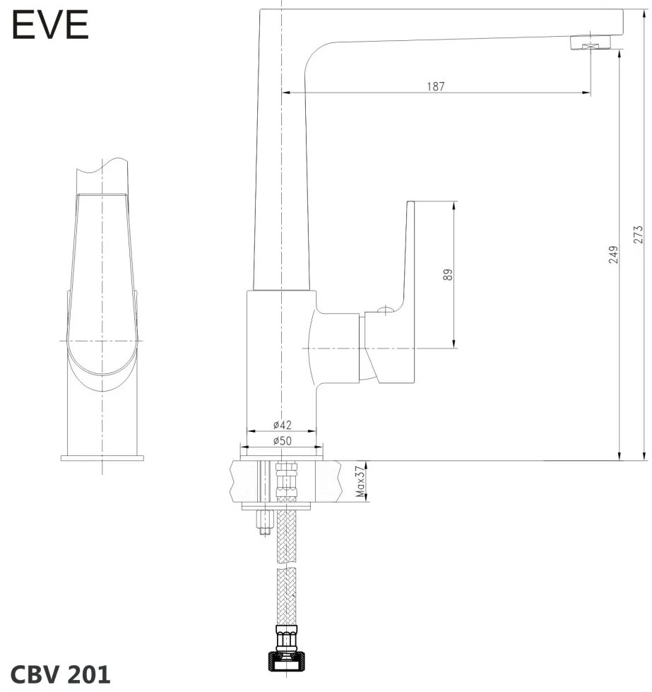 Mereo Mereo, Drezová stojanková batéria, Eve, s plochým ramienkom nad pákou, výška273 mm, chróm, MER-CBV201